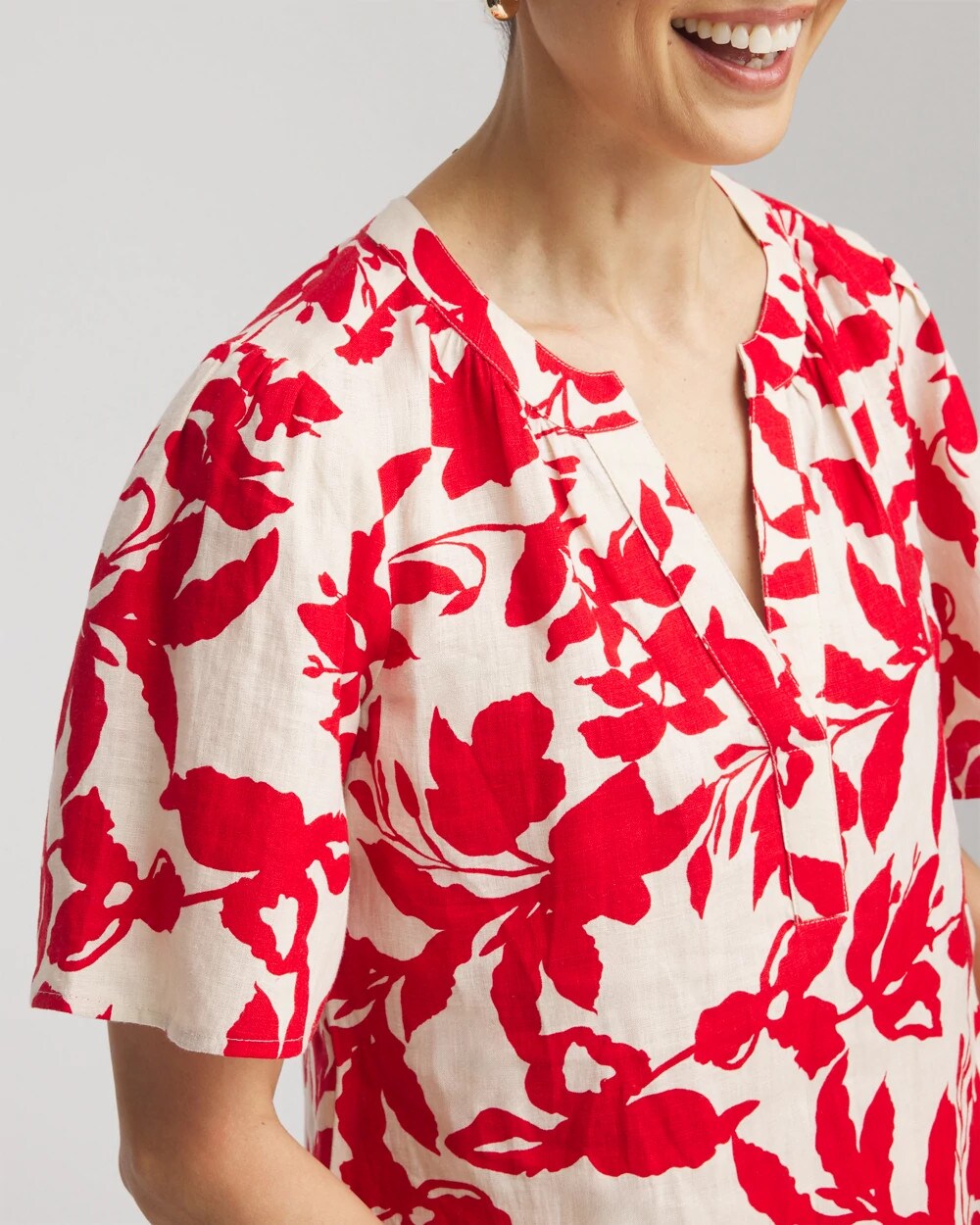 Chico's | Floral Linen Popover Shirt/ Red Glow