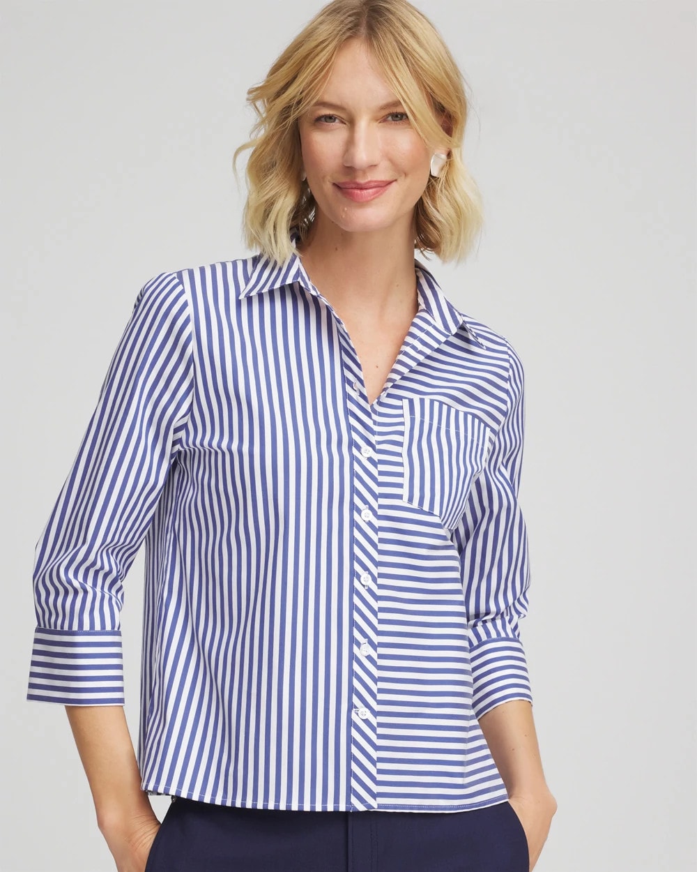Chico's | Stripe Mixing Poplin Shirt/ Hidden Sapphire