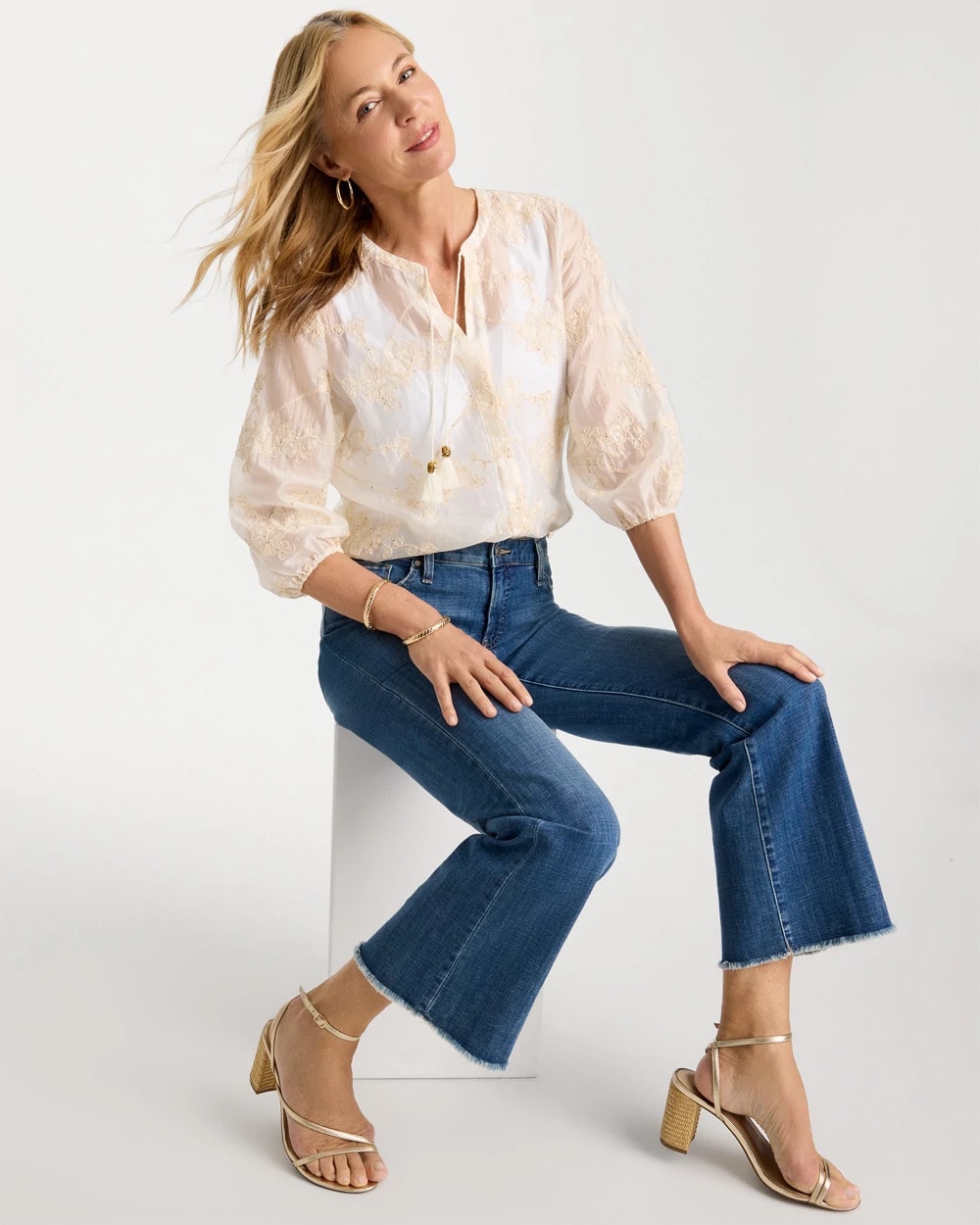 Chico's | Embroidered Tassel Tie-Front Top/ Alabaster