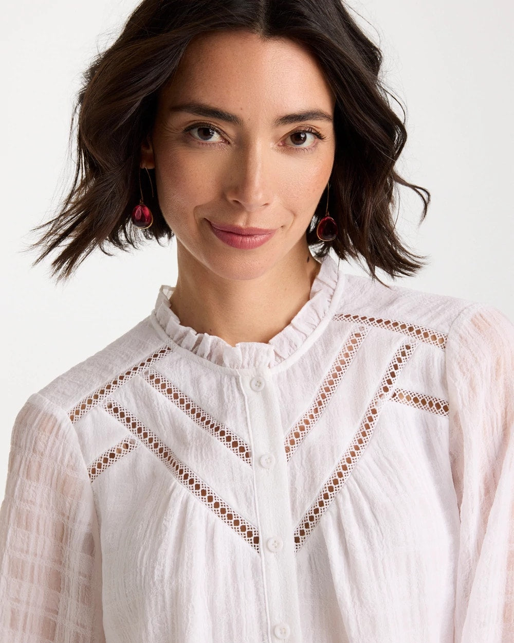 Chico's | Cutwork Trim Chiffon Blouse/ Alabaster