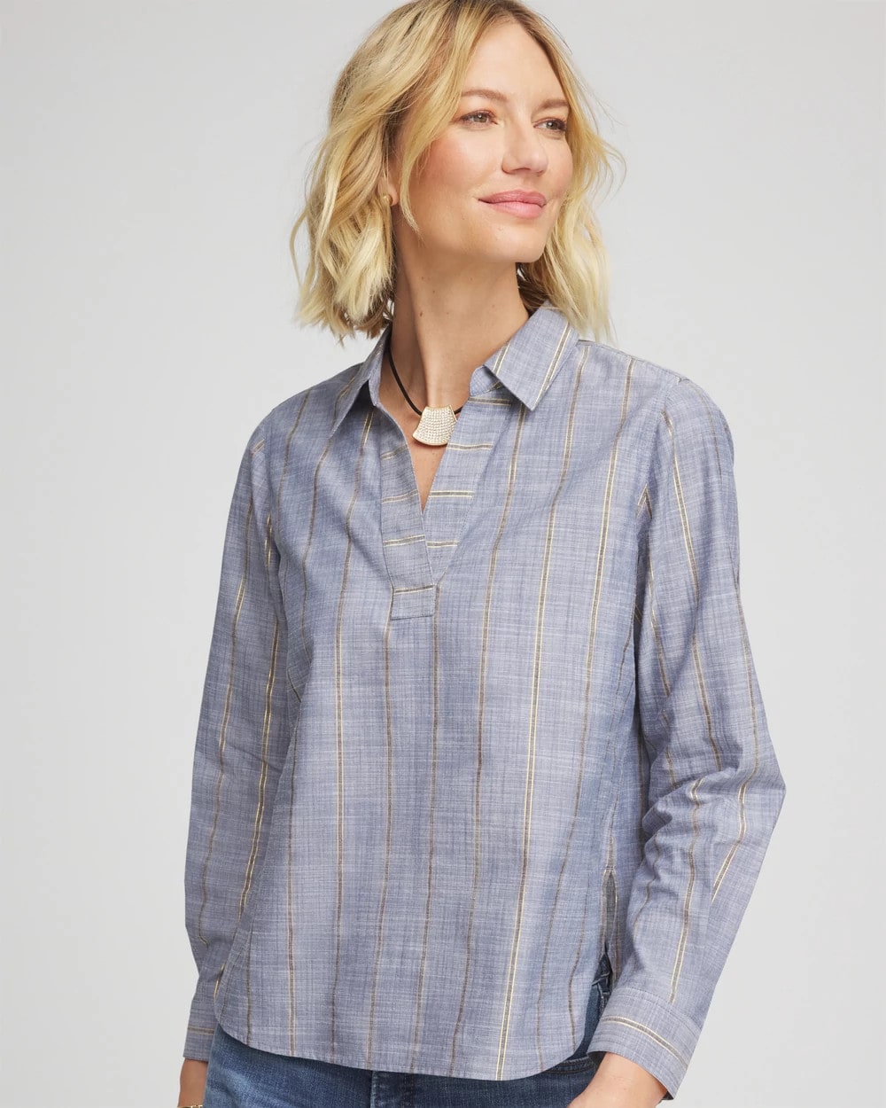 Chico's | Chambray Striped Soft Popover/ Indigo