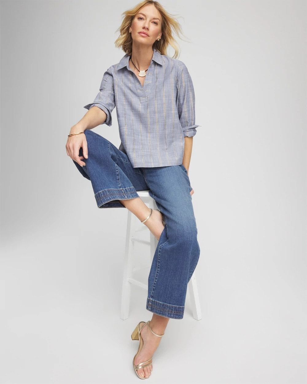 Chico's | Chambray Striped Soft Popover/ Indigo