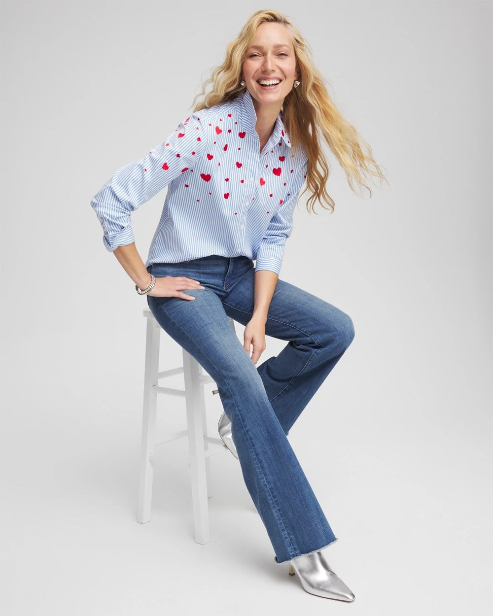 Chico's | V-Day Striped Poplin Shirt/ Tidal Blue