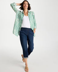 Chico's | No Iron™ Striped Linen Tunic/ Hunter Green