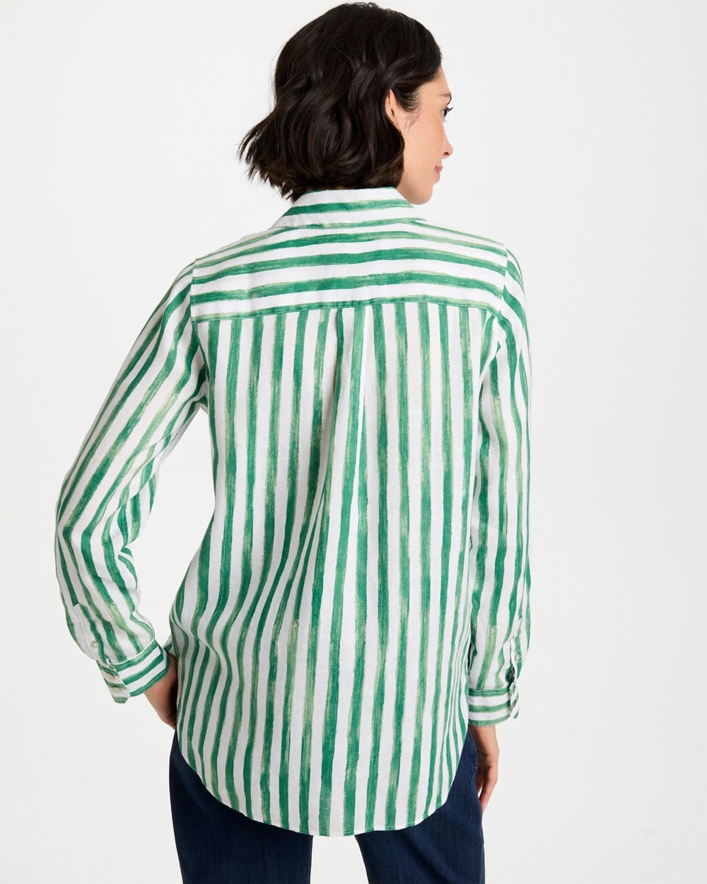 Chico's | No Iron™ Striped Linen Tunic/ Hunter Green
