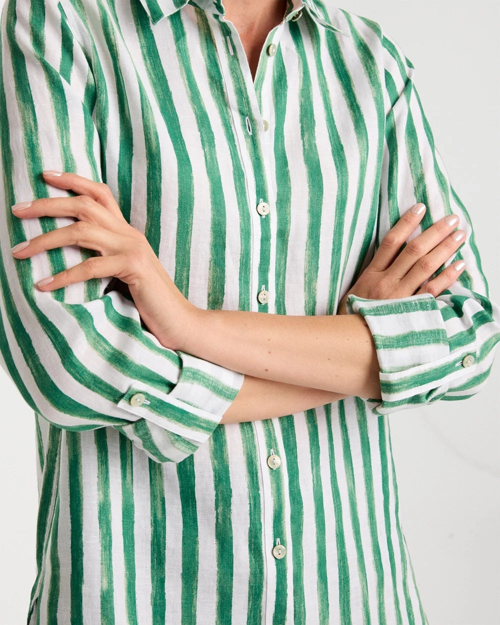 Chico's | No Iron™ Striped Linen Tunic/ Hunter Green