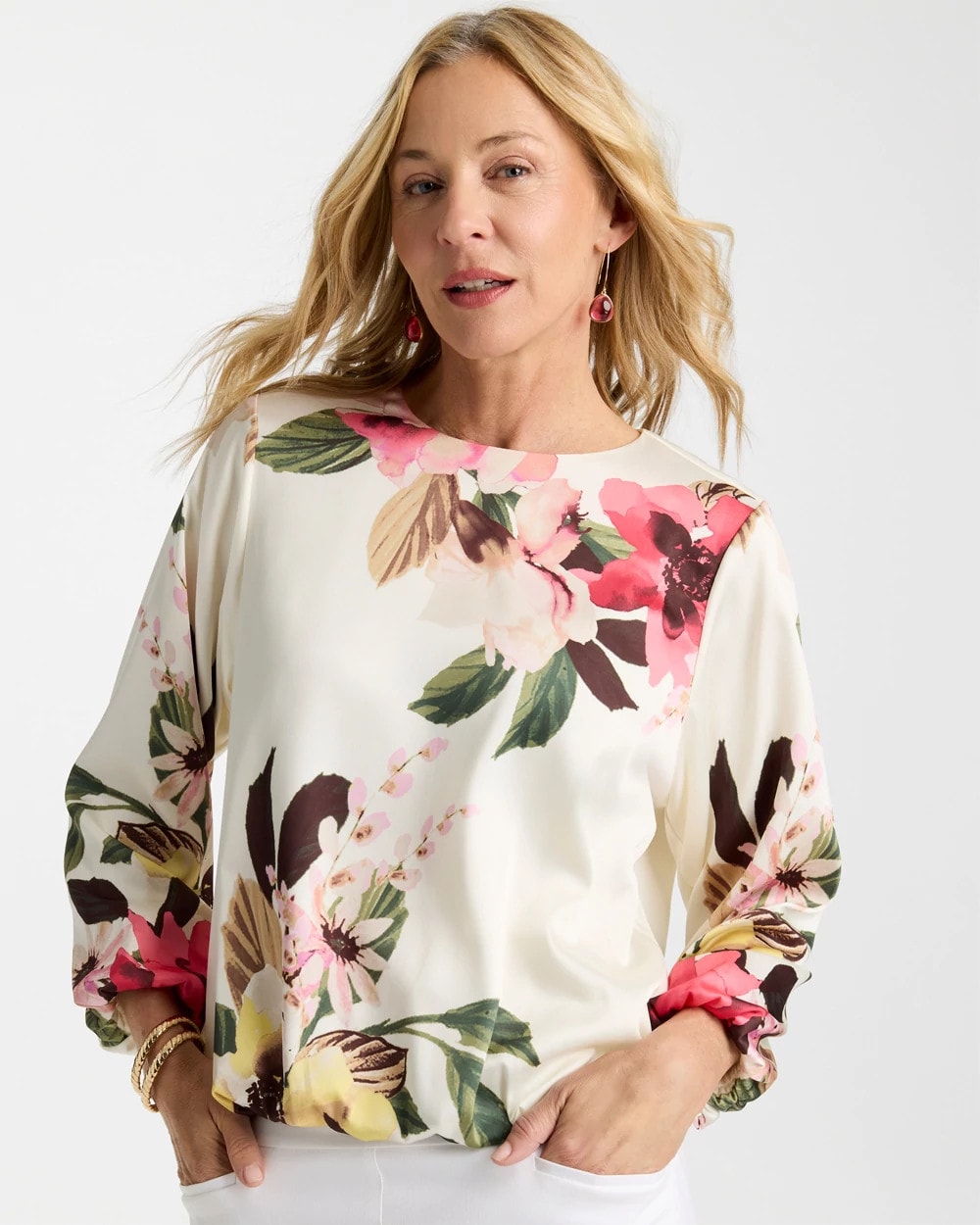 Chico's | Crewneck Satin Bubble Hem Top/ Hot Honeysuckle