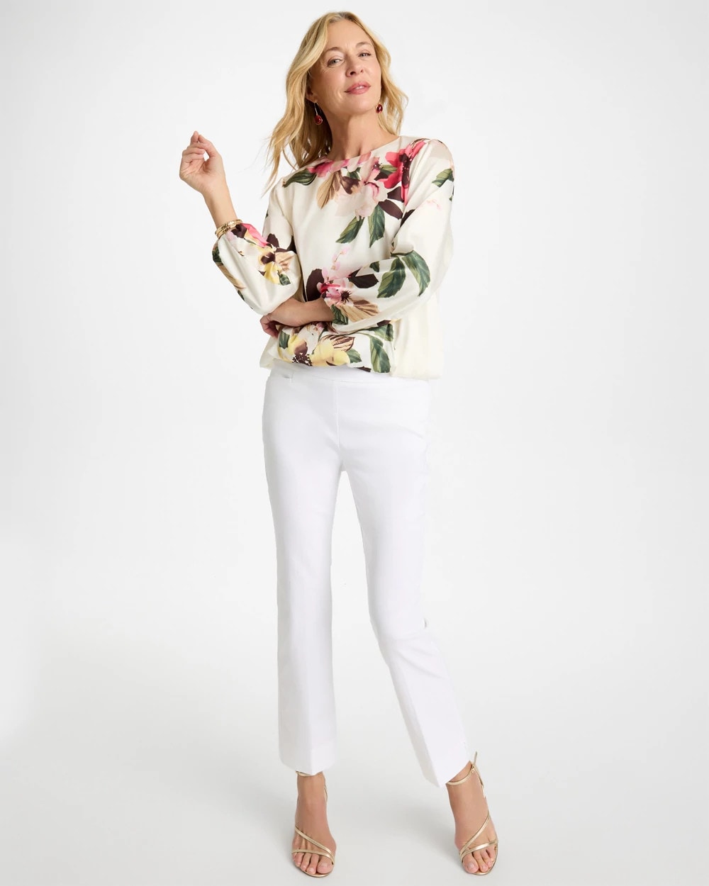 Chico's | Crewneck Satin Bubble Hem Top/ Hot Honeysuckle