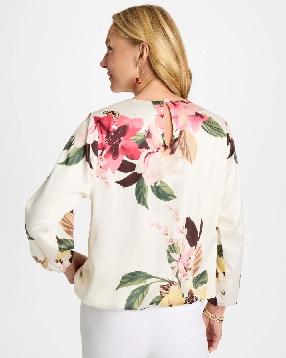 Chico's | Crewneck Satin Bubble Hem Top/ Hot Honeysuckle