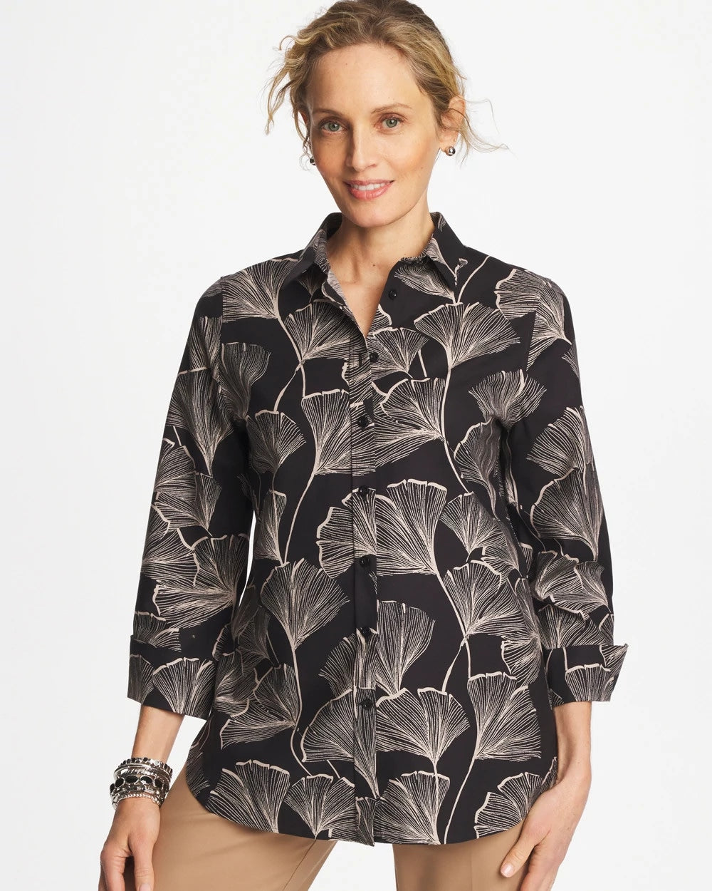 Chico's | No Iron™ Stretch Ginkgo Glory Shirt/ Black