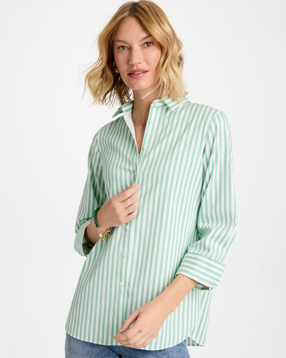 Chico's | No Iron™ Striped Stretch Shirt/ Peppermint Green
