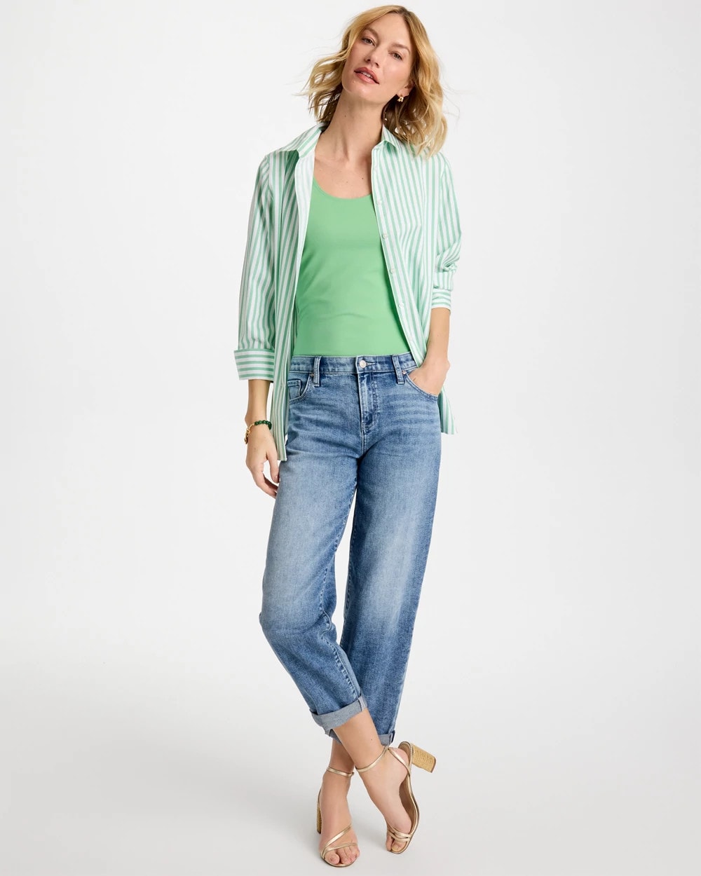 Chico's | No Iron™ Striped Stretch Shirt/ Peppermint Green