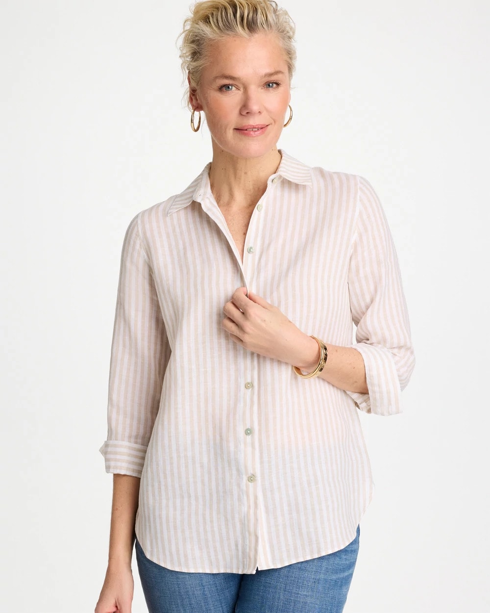 Chico's | No Iron™ Striped Linen Shirt/ Oatmeal