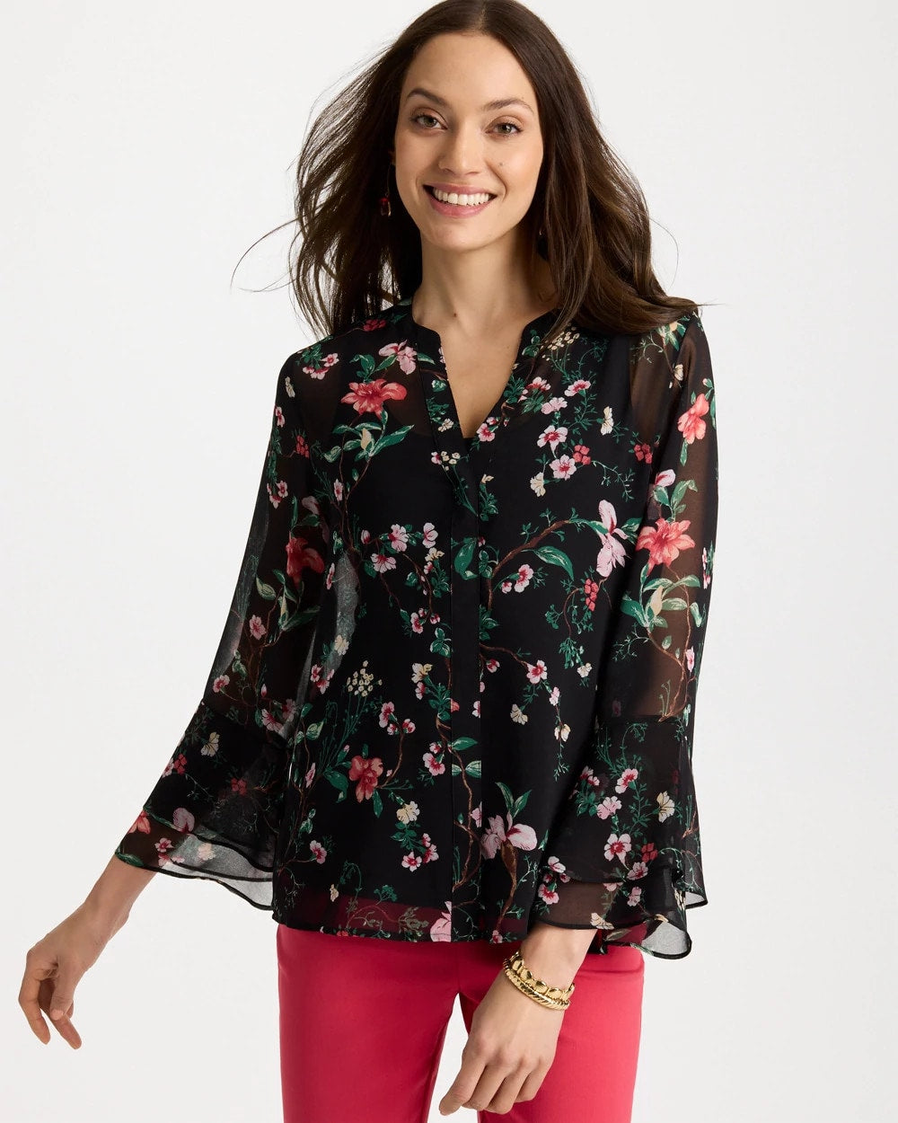 Chico's | Georgette Ruffled Cuff Blouse/ Black