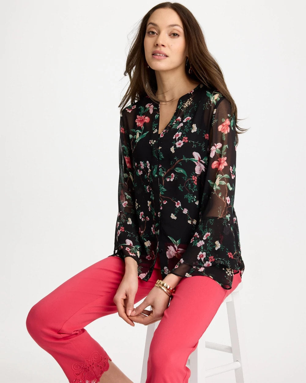 Chico's | Georgette Ruffled Cuff Blouse/ Black