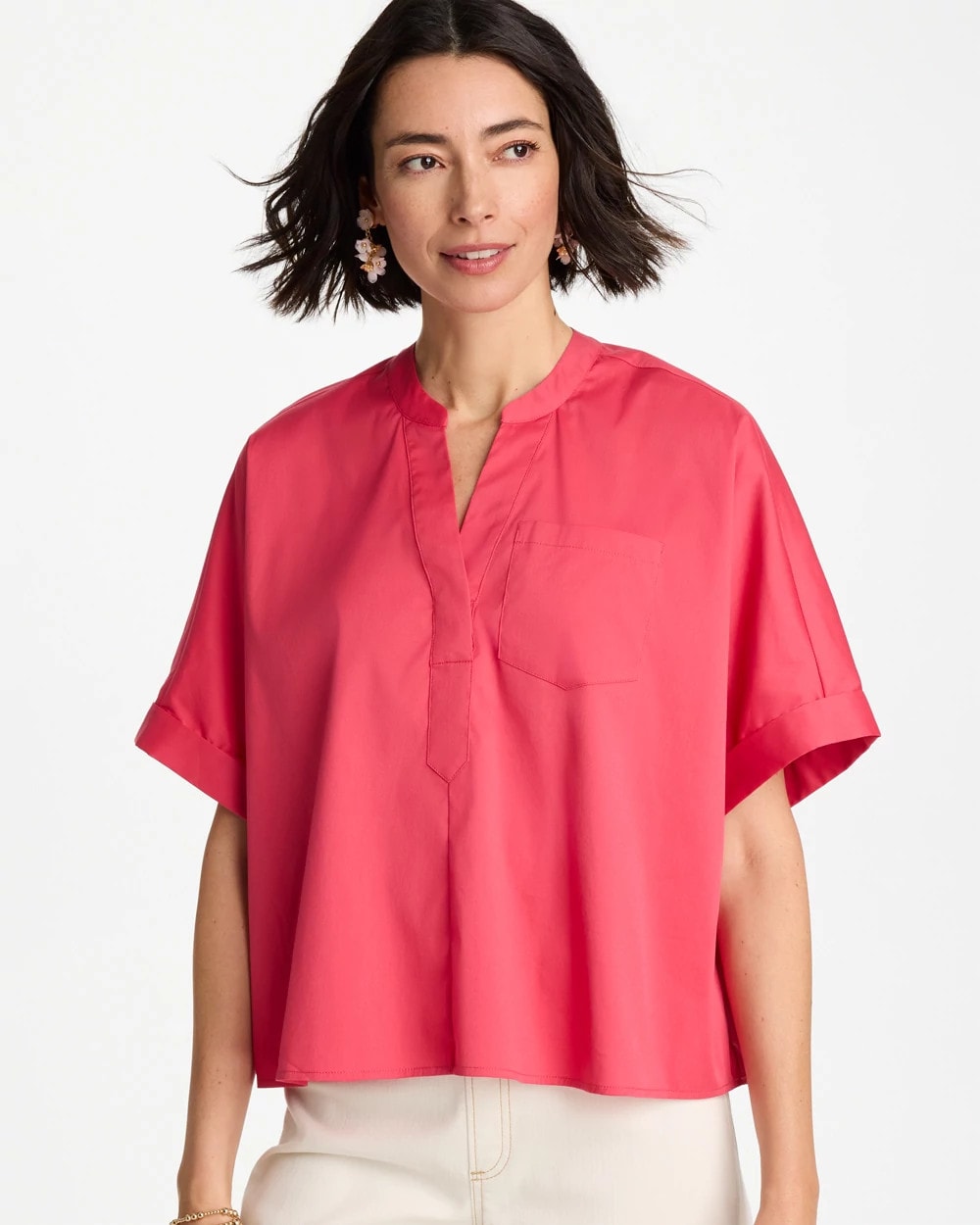 Chico's | Poplin Popover Dolman Top/ Hot Honeysuckle