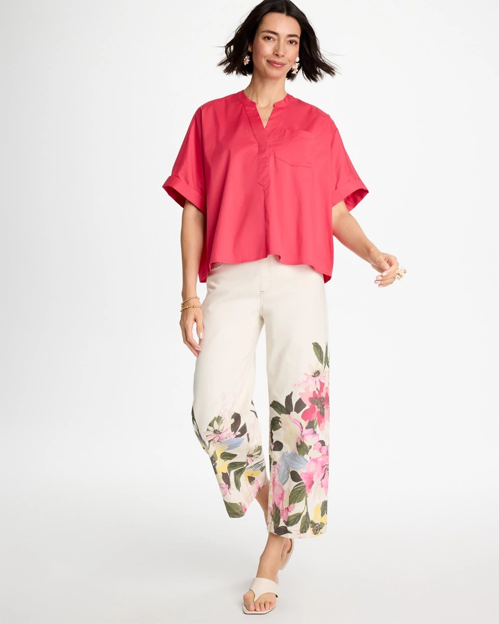Chico's | Poplin Popover Dolman Top/ Hot Honeysuckle