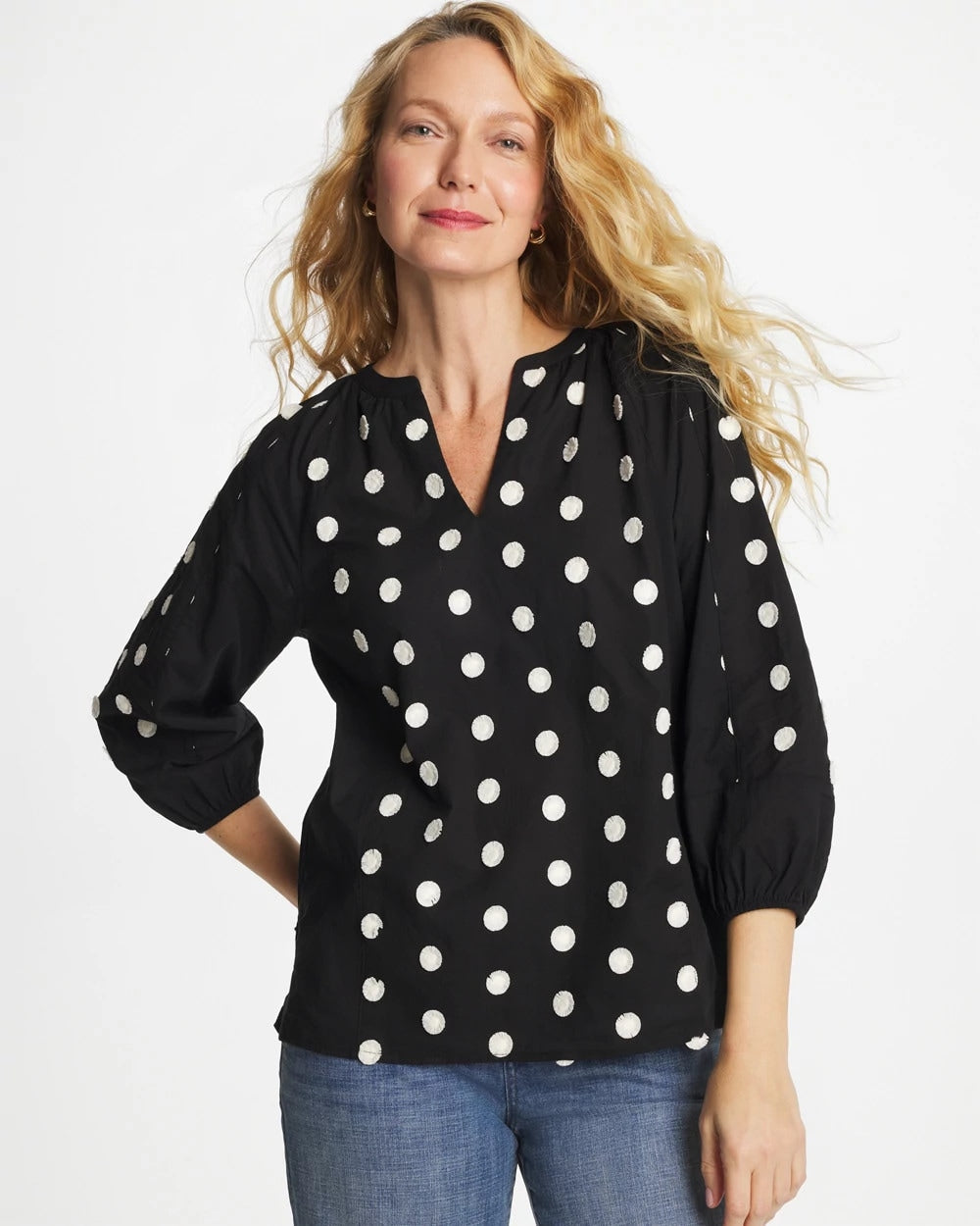 Chico's | Textured Polka Dot Blouse/ Black