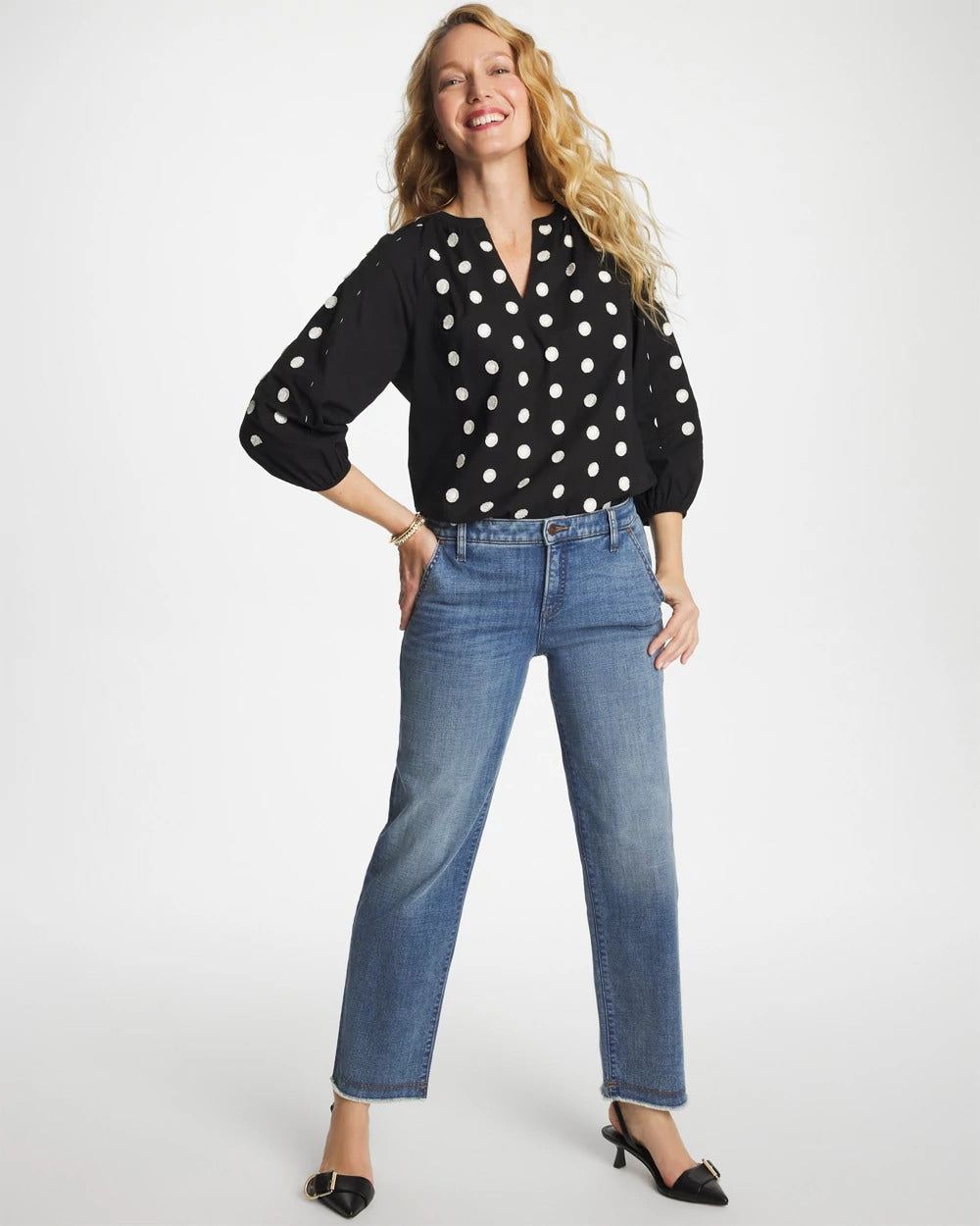 Chico's | Textured Polka Dot Blouse/ Black