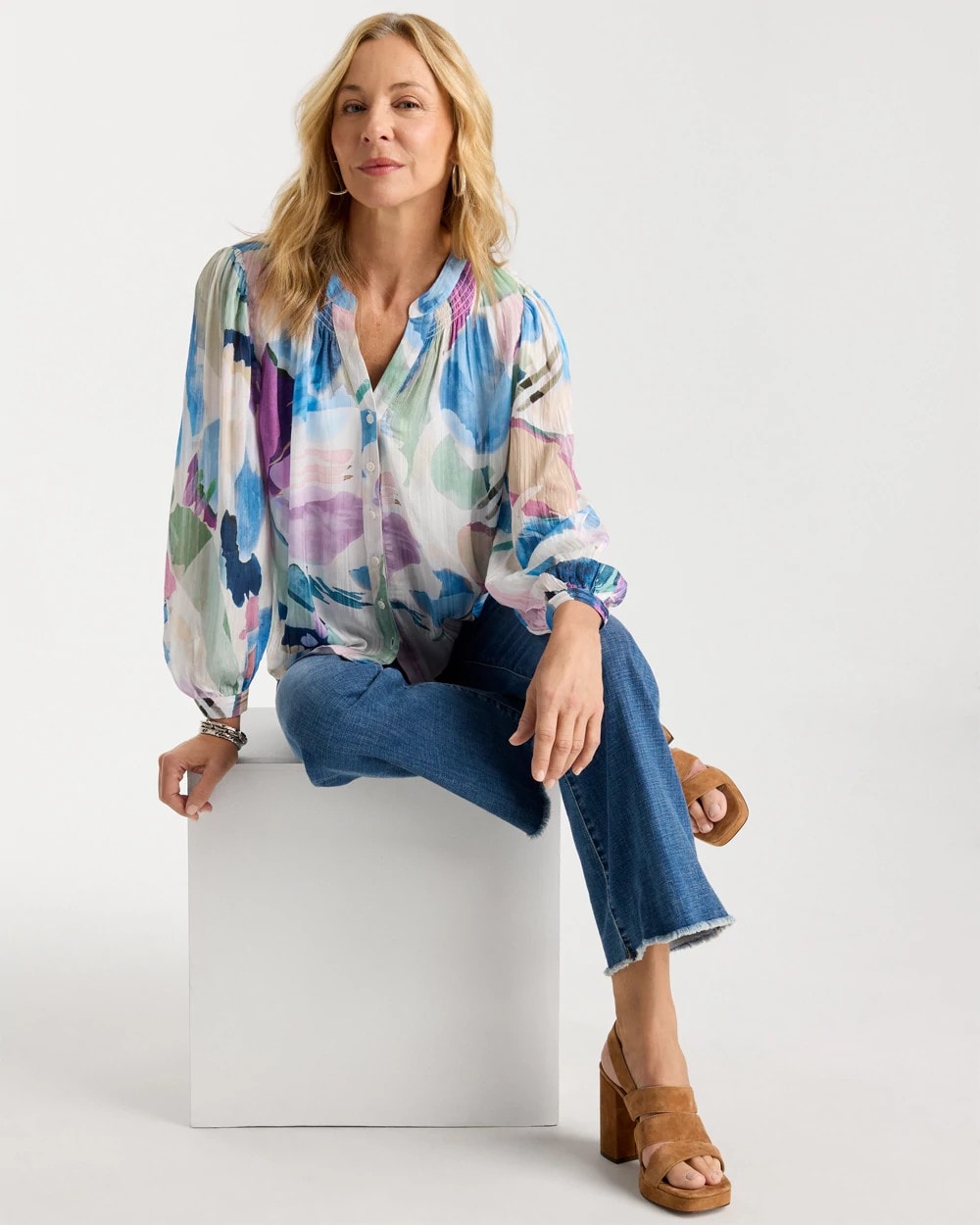 Chico's | Blur Geo Button Front Blouse/ Passport Blue