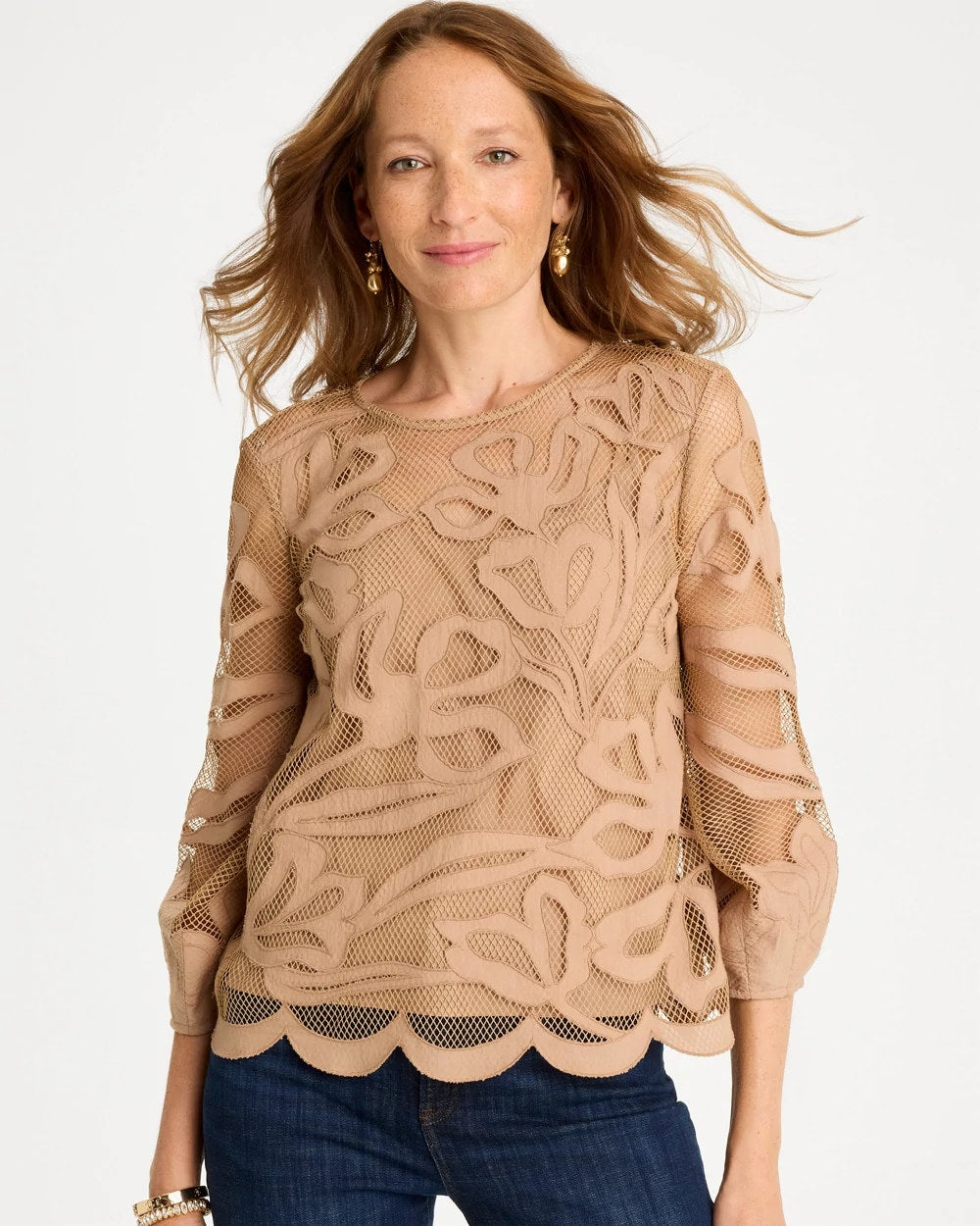 Chico's | Floral-Motif Mesh 3/4 Sleeve Top/ Cattail Brown