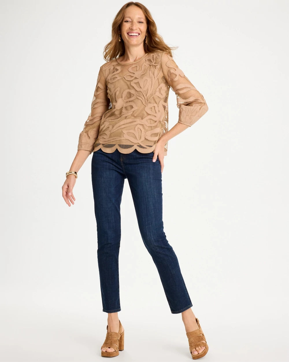 Chico's | Floral-Motif Mesh 3/4 Sleeve Top/ Cattail Brown