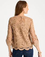 Chico's | Floral-Motif Mesh 3/4 Sleeve Top/ Cattail Brown