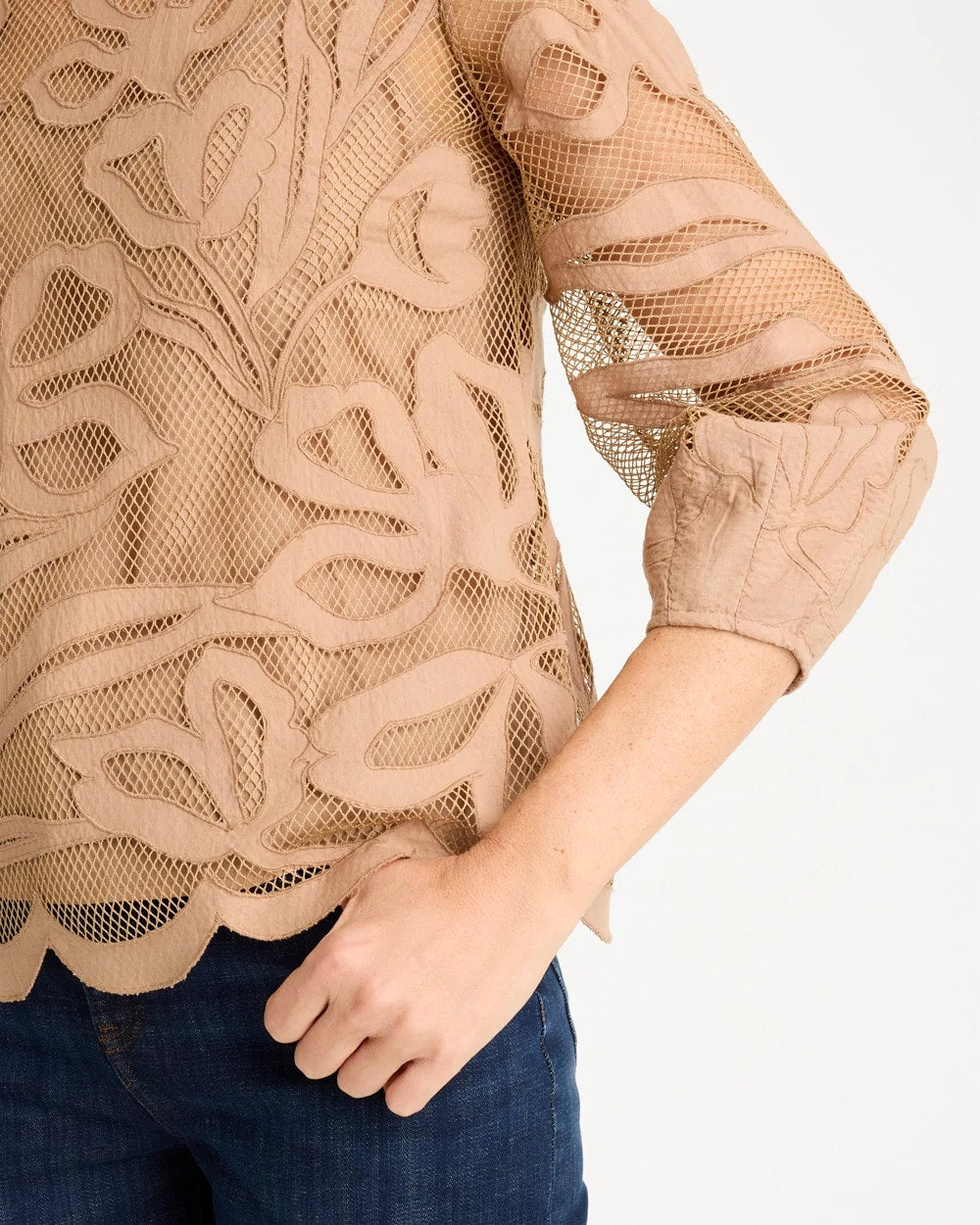Chico's | Floral-Motif Mesh 3/4 Sleeve Top/ Cattail Brown