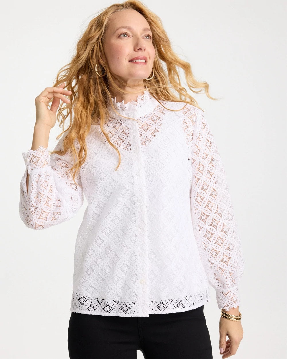 Chico's | Lace Ruffle Neck Blouse/ Alabaster
