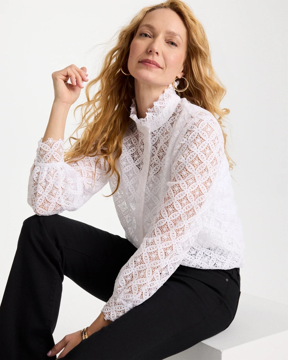 Chico's | Lace Ruffle Neck Blouse/ Alabaster