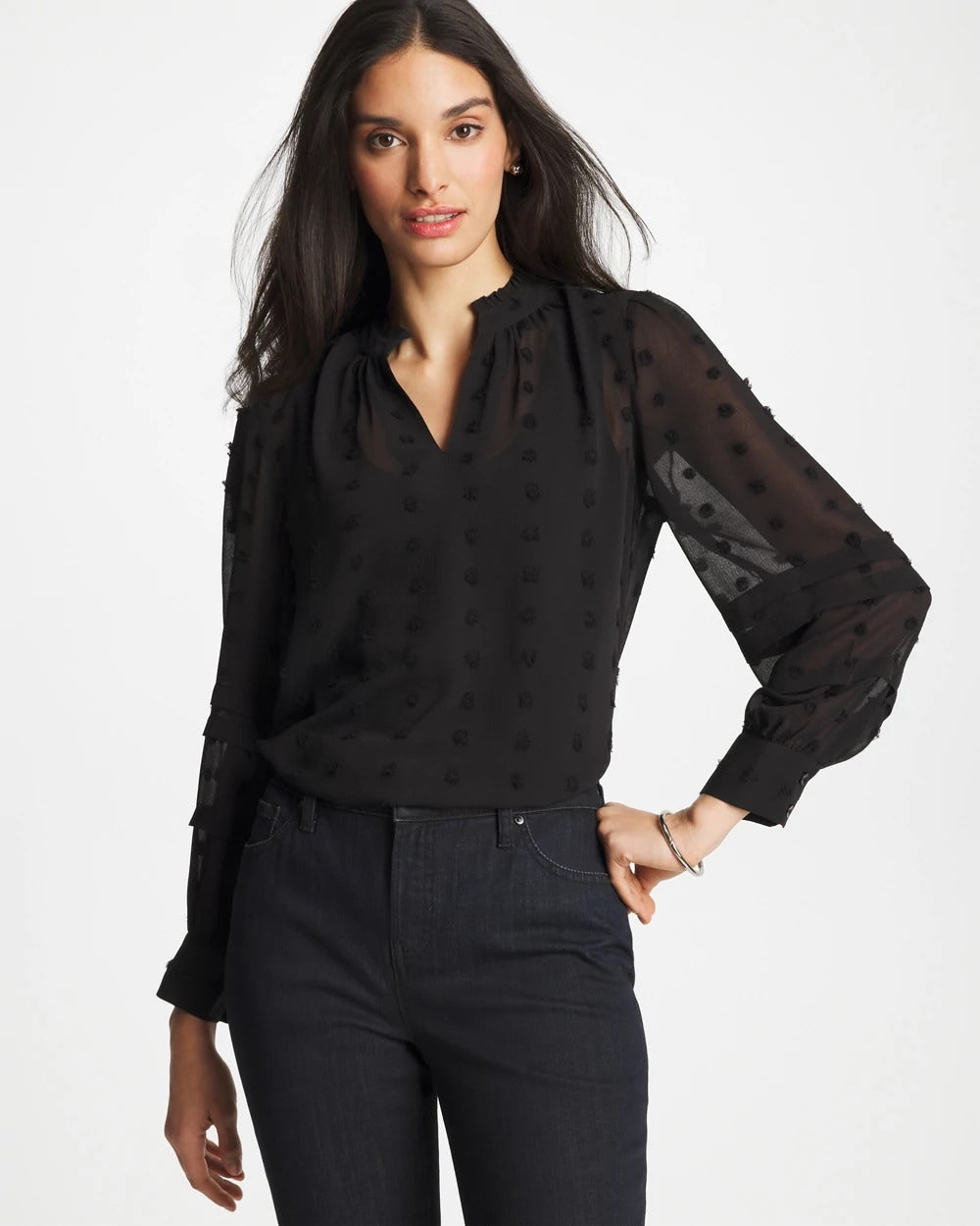 Chico's | 3D Dot Jacquard Chiffon Blouse/ Black