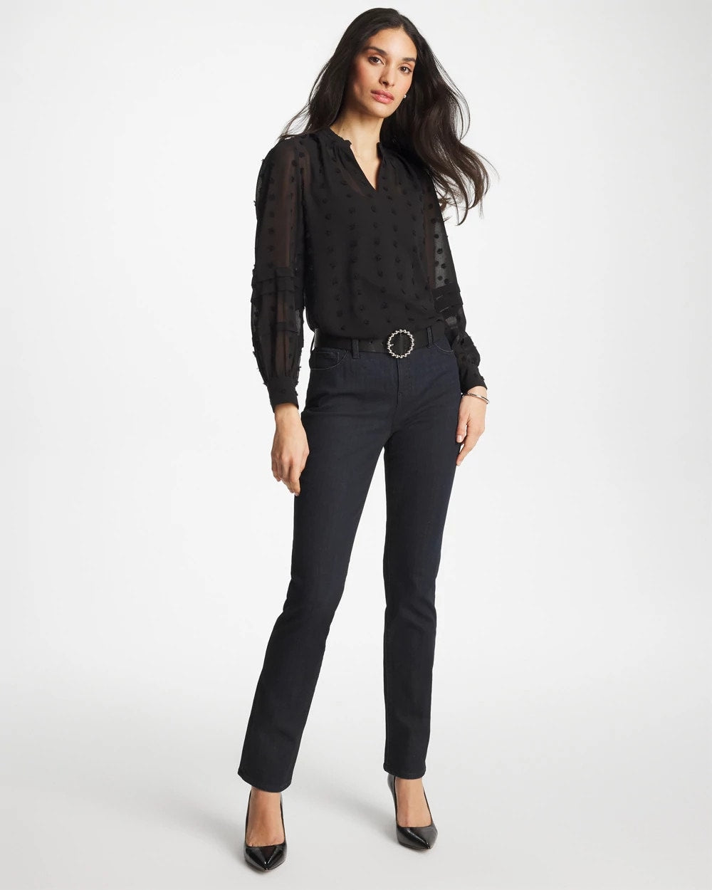 Chico's | 3D Dot Jacquard Chiffon Blouse/ Black