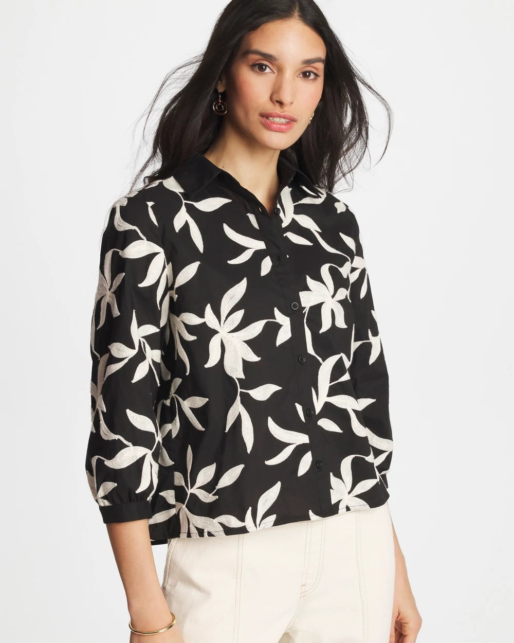 Chico's | Embroidered Cropped Collared Shirt/ Black