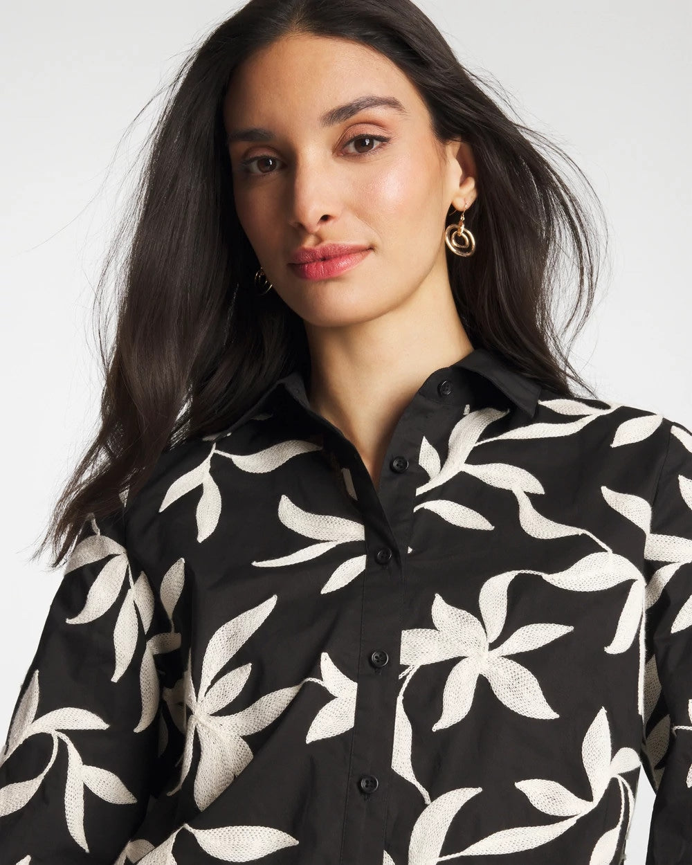 Chico's | Embroidered Cropped Collared Shirt/ Black