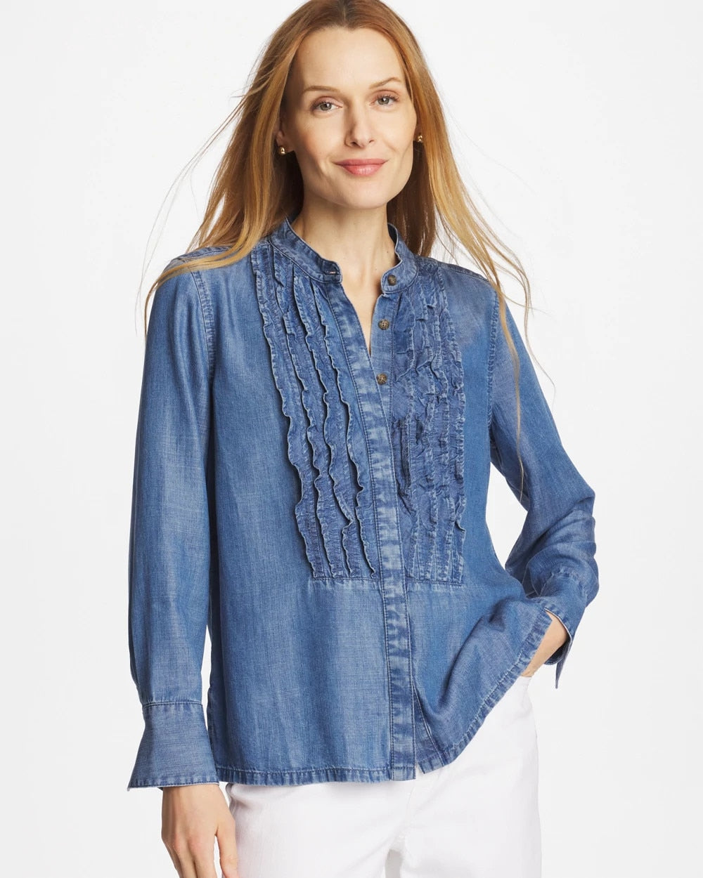 Chico's | Tencel Ruffle Front Shirt/ Bailey Indigo