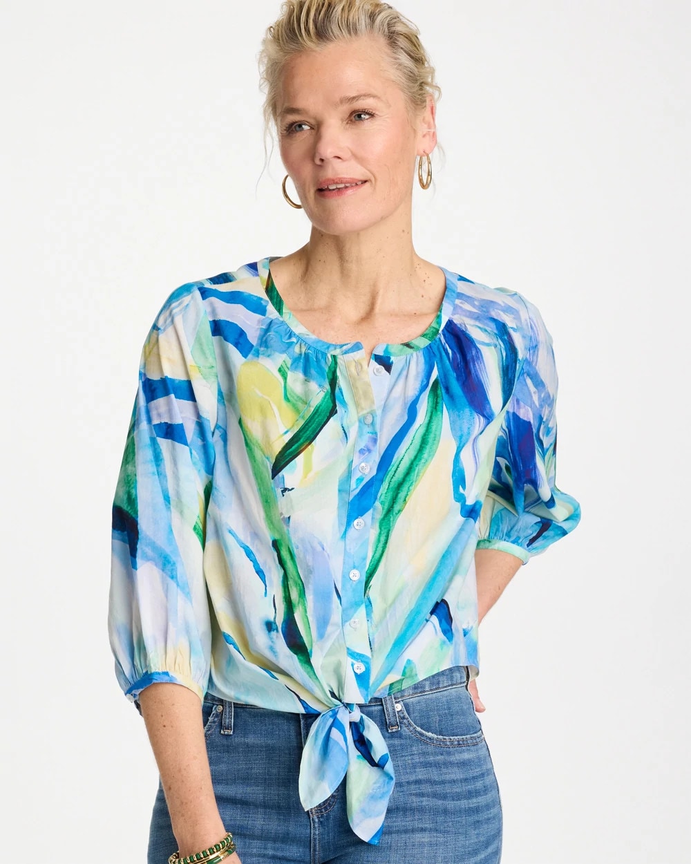 Chico's | Printed Tie-Front Top/ Amparo Blue