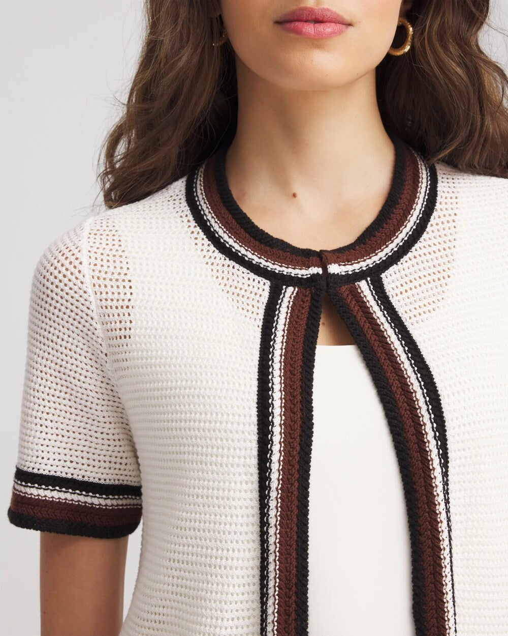 Chico's | Pointelle High-Style Short-Sleeve Cardigan/ Ecru