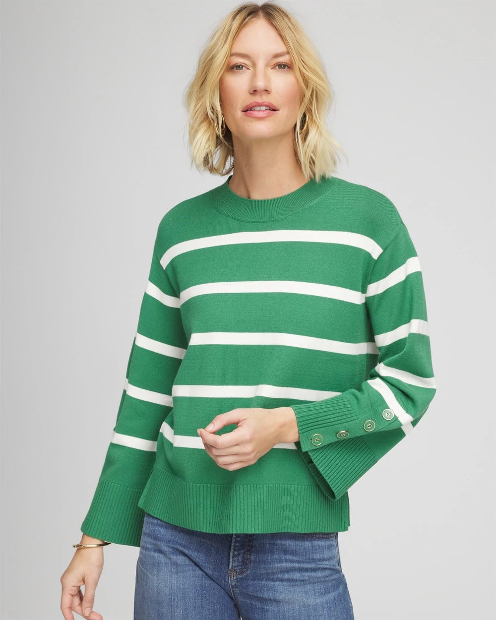 Chico's | Striped Button Sleeve Crewneck Pullover Sweater/ Jardin Green