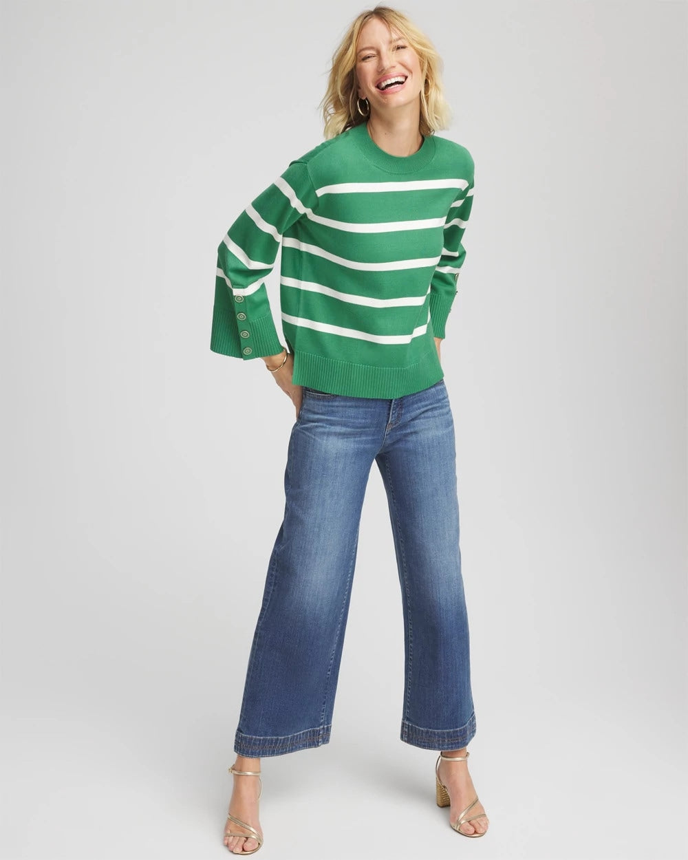 Chico's | Striped Button Sleeve Crewneck Pullover Sweater/ Jardin Green