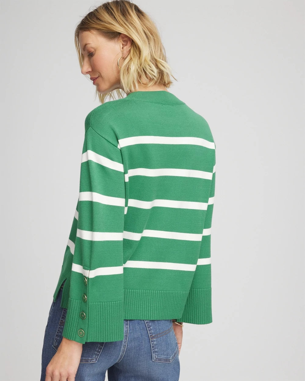 Chico's | Striped Button Sleeve Crewneck Pullover Sweater/ Jardin Green