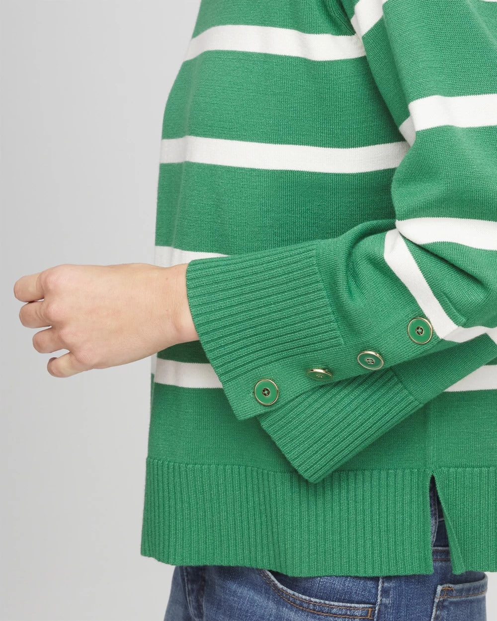 Chico's | Striped Button Sleeve Crewneck Pullover Sweater/ Jardin Green