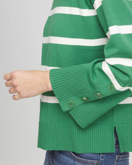 Chico's | Striped Button Sleeve Crewneck Pullover Sweater/ Jardin Green