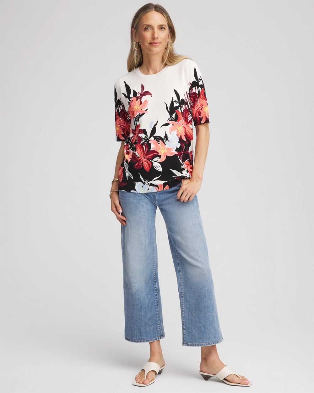 Chico's | Floral Print Crewneck Sweater/ Ecru