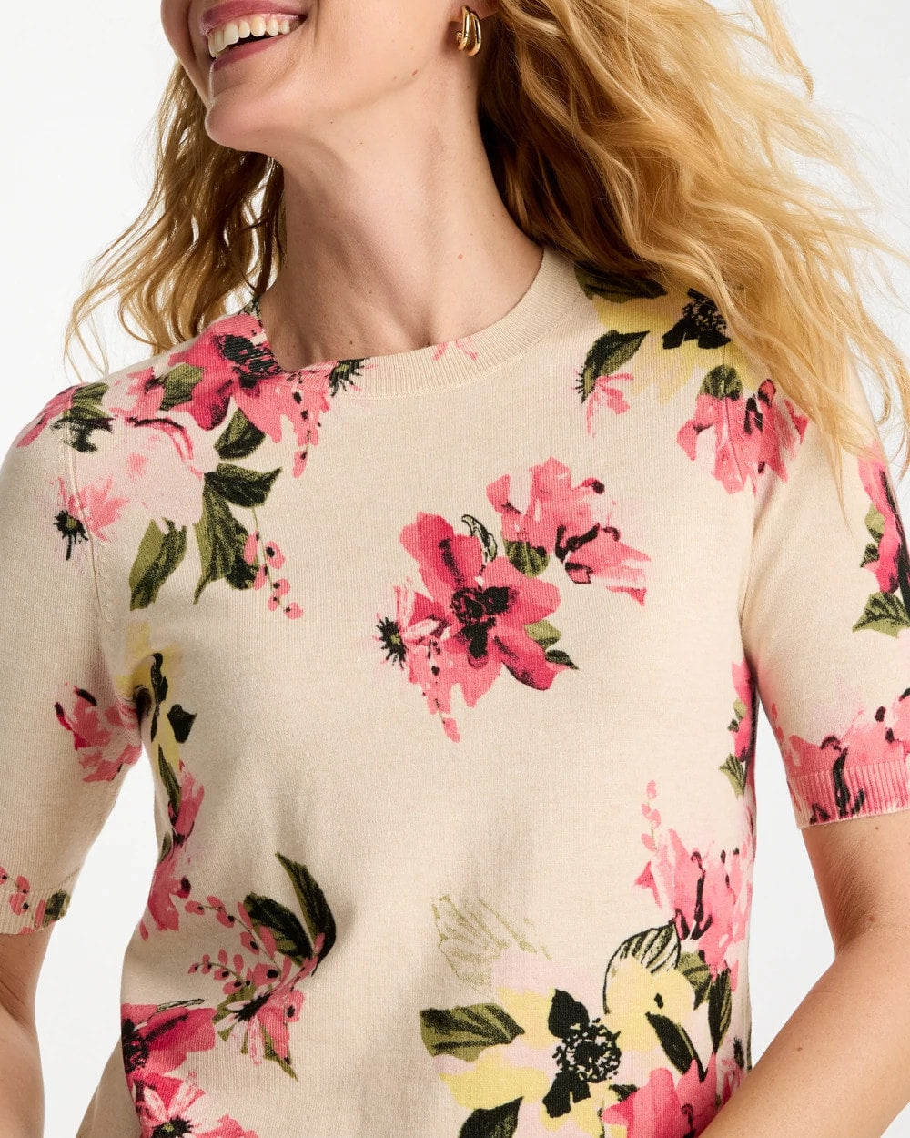 Chico's | Ella Crewneck Floral Pullover Sweater/ Hot Honeysuckle