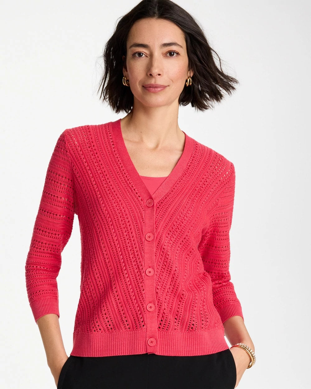 Chico's | Stitchy V-Neck Cardigan/ Hot Honeysuckle