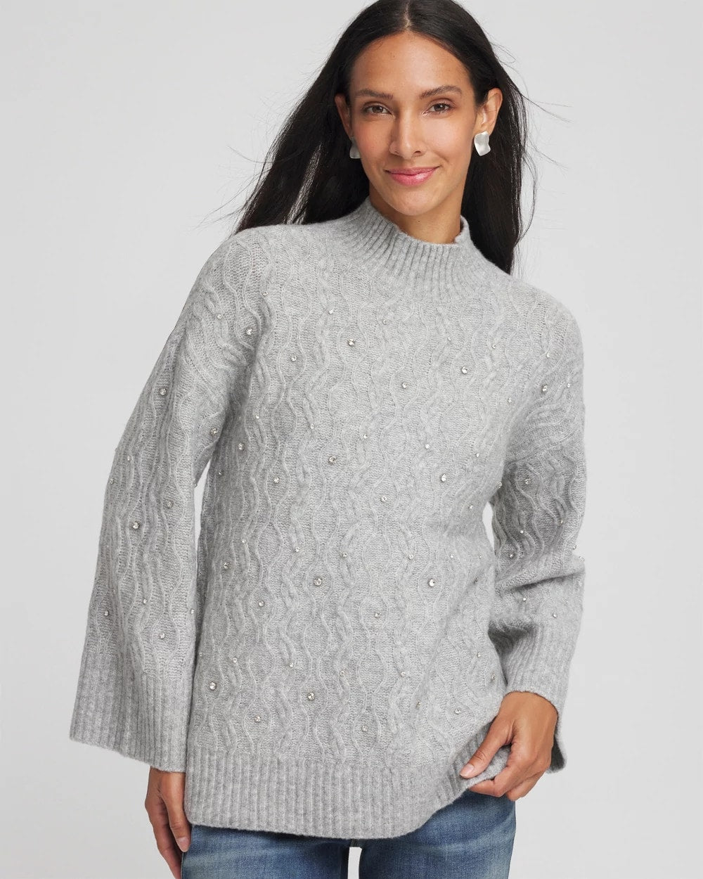Chico's | Sequined Cable Knit Sweater/ Cloud Heather Gray