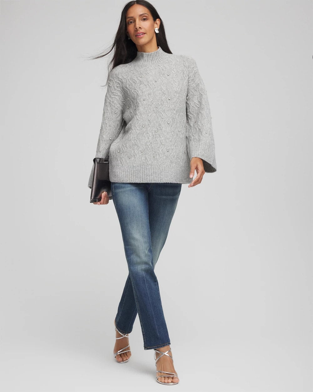 Chico's | Sequined Cable Knit Sweater/ Cloud Heather Gray