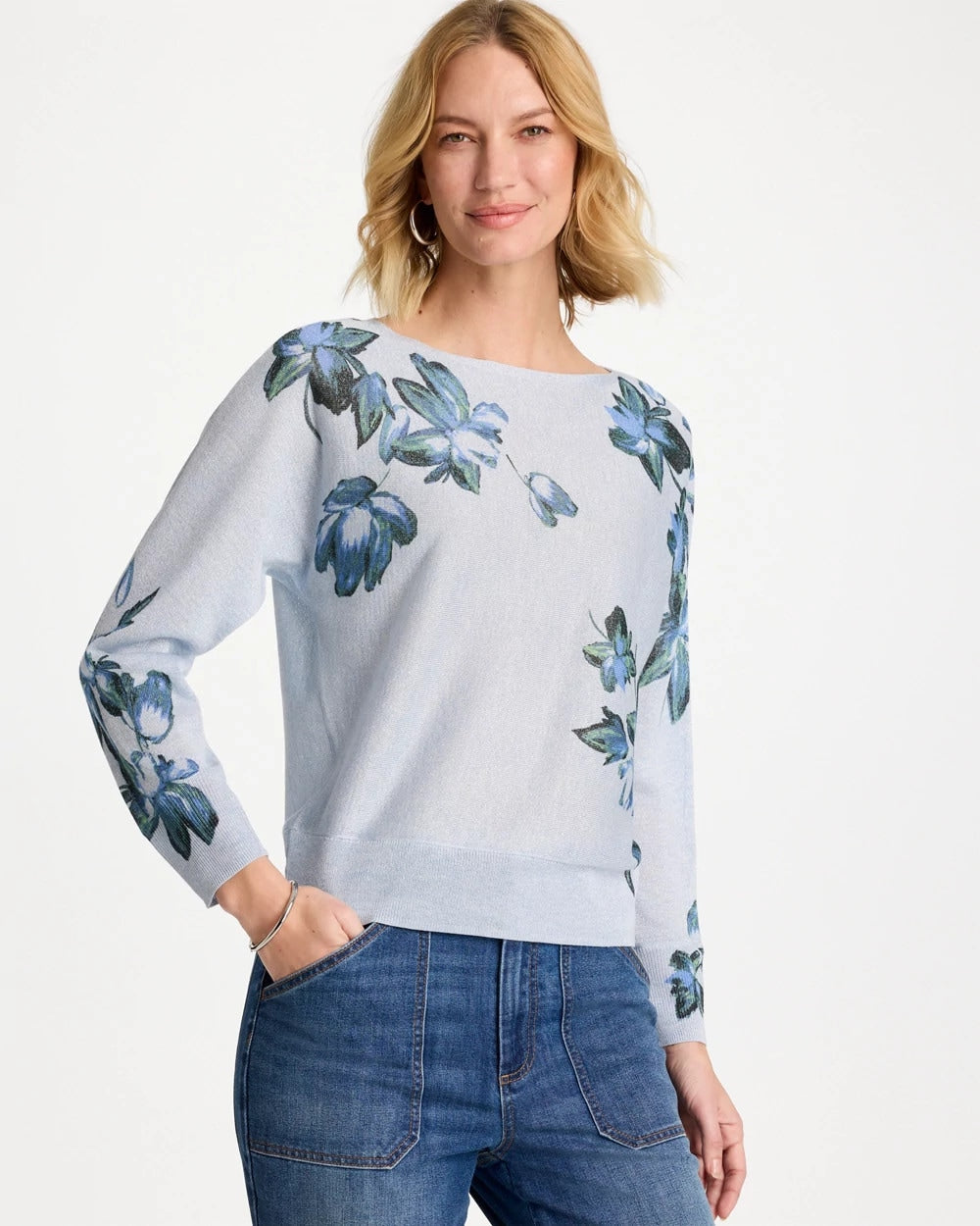 Chico's | Floral Print Pullover Sweater/ Blue Orchid