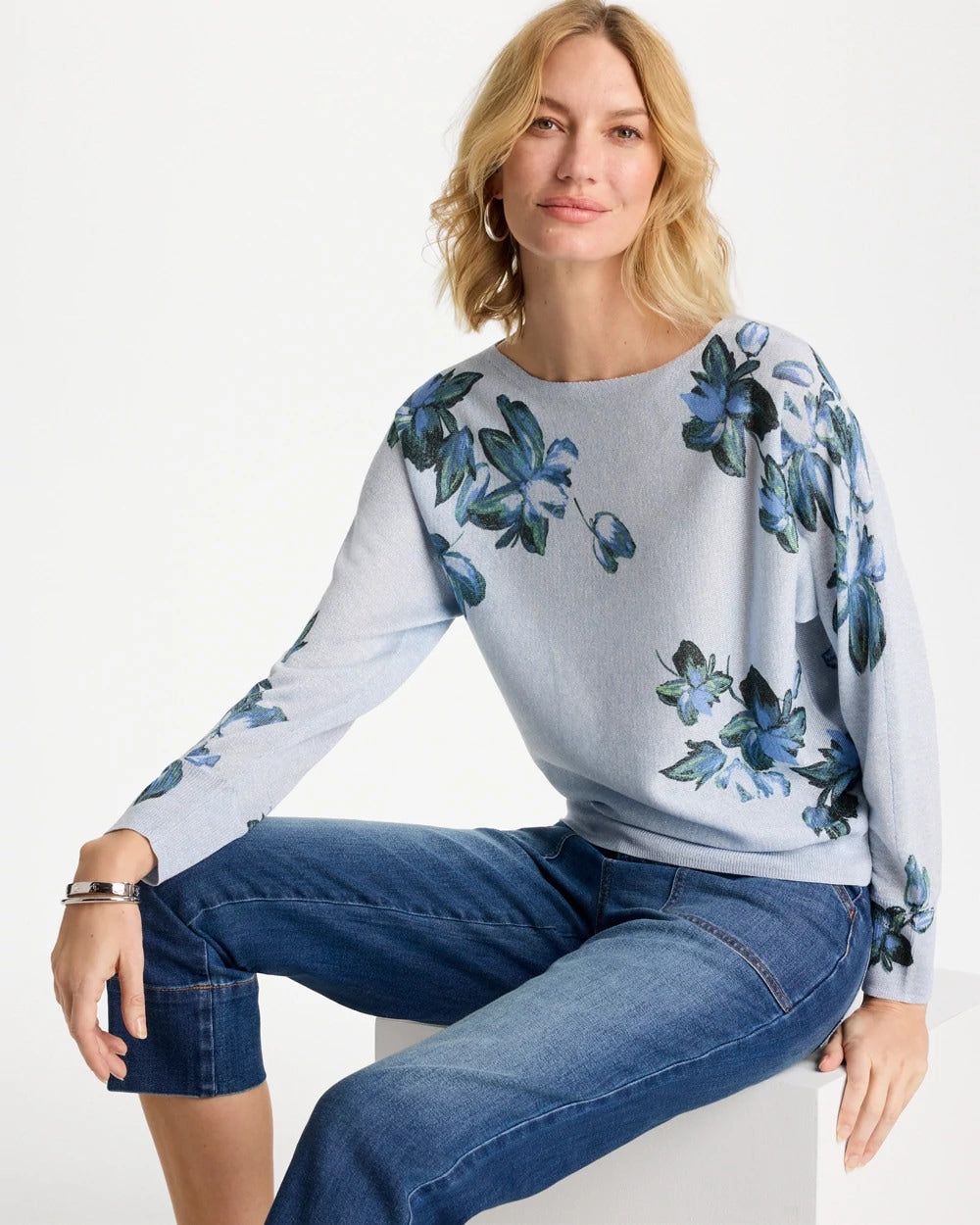Chico's | Floral Print Pullover Sweater/ Blue Orchid
