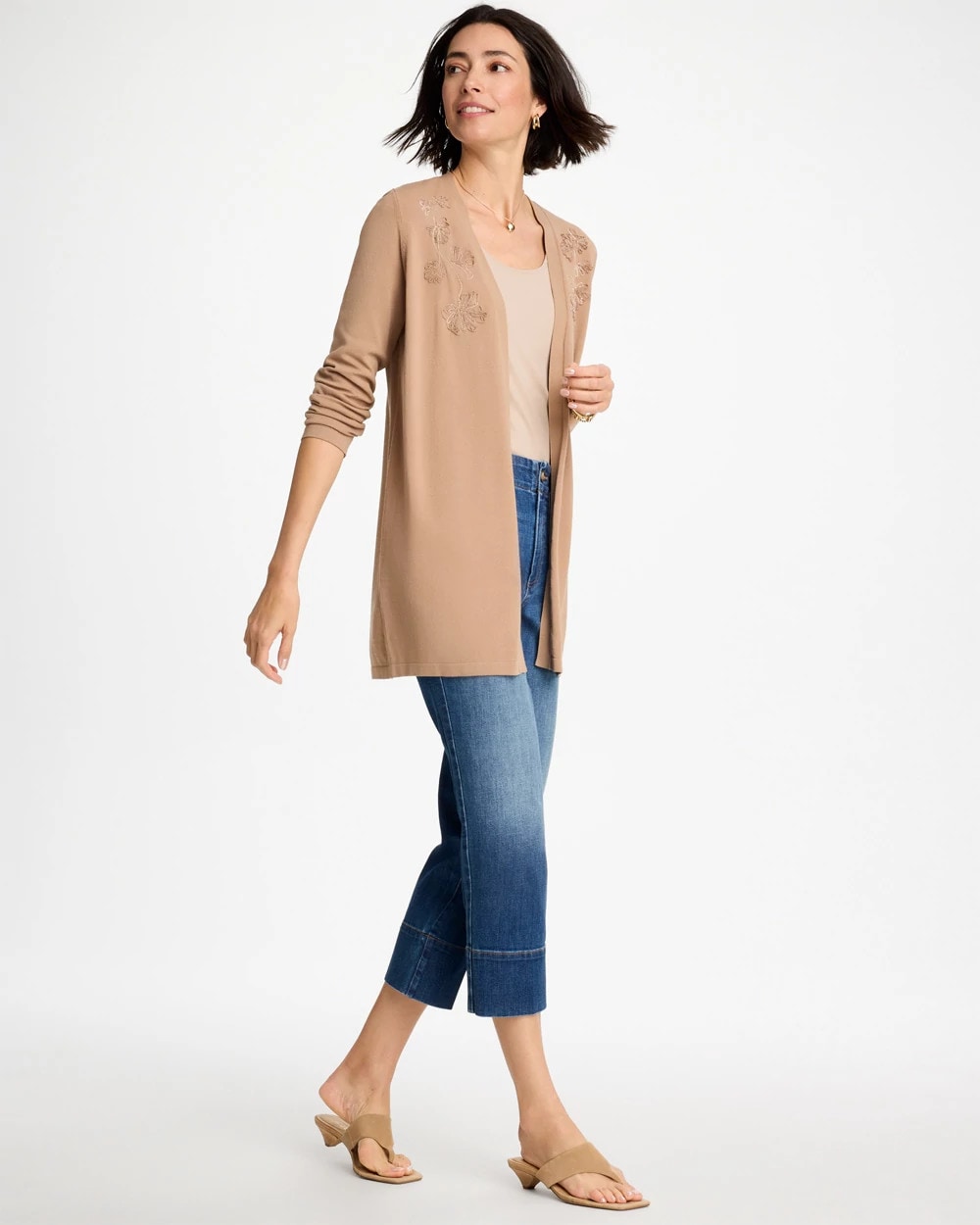 Chico's | Floral Embroidered Cardigan/ Cattail Brown